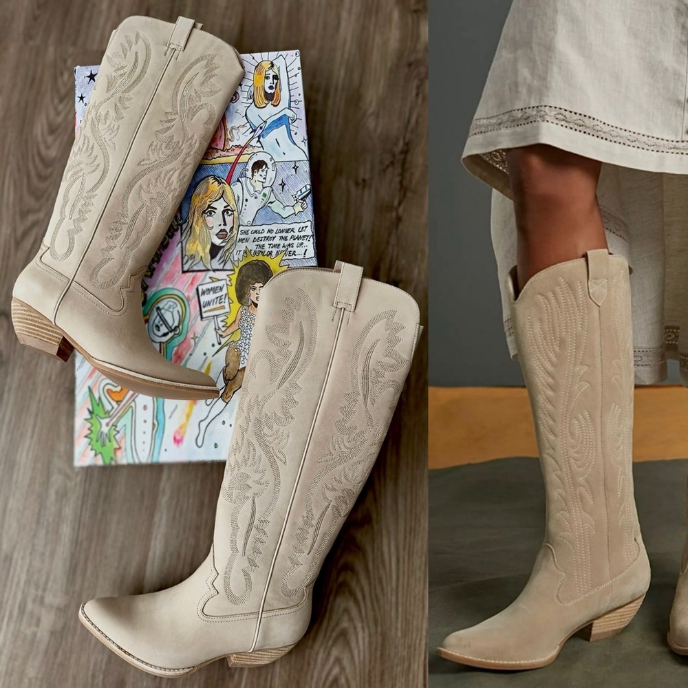 ✨New JEFFREY CAMPBELL Calvera 2k Western Tall Boots Nubuck Beige Womens 8M - Picture 1 of 15